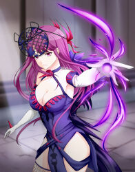 1girl absurdres bare_shoulders breasts cleavage dress fascinator fire_emblem fire_emblem_engage fishnet_thighhighs fishnets fruitpunchzura gloves highres ivy_(fire_emblem) large_breasts long_hair looking_at_viewer mole mole_under_mouth nintendo purple_eyes purple_hair solo spiked thighhighs white_gloves