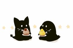 2others artist_name cake creature eating food food_on_face fork fruit holding holding_fork holding_plate hoshikui looking_at_another multiple_others no_humans original plate shadow shoutarou_(shoutarotttt) signature simple_background sitting star_(symbol) white_background