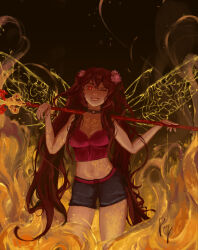Rule 34 | absurdres, black nails, black shorts, breasts, collar, crop top, fairy wings, fire, flower, genshin impact, highres, hu tao (genshin impact), looking at viewer, medium breasts, red eyes, red hair, rey384, shorts, smile, staff of homa (genshin impact), symbol-shaped pupils, tattoo, twintails, wings
