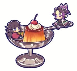 Rule 34 | 1boy, 1girl, black hair, blue eyes, blush, butterfly hair ornament, cherry, chibi, commentary request, confettocandy, cup, food, fruit, hair ornament, haori, ice cream cup, japanese clothes, kimetsu no yaiba, kochou shinobu, pudding, purple hair, sitting, smile, spoon, tomioka giyuu, whipped cream