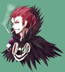 1boy cigarette commentary_request green_background grin highres looking_at_viewer male_focus ragnarok_online red_eyes red_hair short_hair simple_background smile solo sorcerer_(ragnarok_online) spiked_hair upper_body v-shaped_eyebrows yukimushi
