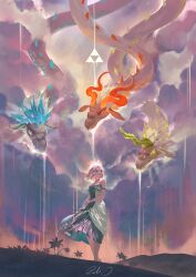 1girl absurdres blonde_hair cloud dinraal dragon dress earrings eastern_dragon farosh flower flying highres jewelry naydra nintendo princess_zelda rat_chuuu short_hair strapless strapless_dress the_legend_of_zelda the_legend_of_zelda:_tears_of_the_kingdom triforce white_dress