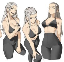 Rule 34 | 1girl, black pants, bra, breasts, brown eyes, cleavage, collarbone, high-waist pants, large breasts, leggings, medium breasts, midriff, navel, original, pants, sports bra, sportswear, stomach, stretching, tagme, tbocart, thigh gap, tight clothes, underwear, yoga pants