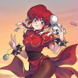 1girl blue_eyes braid breasts capcom chun-li chun-li_(cosplay) cosplay food large_breasts onigiri ranma-chan ranma_1/2 red_hair saotome_ranma solo street_fighter tamagotchi