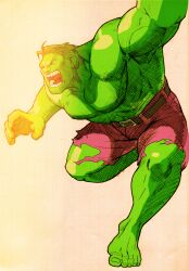 1boy absurdres angry barefoot bengus capcom colored_skin facing_to_the_side game_cg green_skin highres hulk male_focus marvel marvel_vs._capcom marvel_vs._capcom_2 muscular muscular_male non-web_source open_mouth outstretched_arms short_hair sidelighting solo teeth torn_clothes veins veiny_arms
