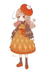 1girl arms_at_sides beret blush_stickers bow braid brown_hair brown_shirt brown_socks commentary_request dress full_body hat highres long_hair long_sleeves mary_janes open_mouth orange_dress original pinafore_dress red_bow red_eyes red_hat red_shoes shirt shoes signature simple_background sleeveless sleeveless_dress socks solo sorata123 standing turtleneck turtleneck_shirt waist_bow white_background