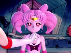 2girls 3d animated bishoujo_senshi_sailor_moon chibi_usa choker cone_hair_bun crossed_arms dazed earrings elbow_gloves emerald_lazers expressionless female_focus gloves hair_bun hand_on_another&#039;s_cheek hands_on_own_hips interior jewelry loli looking_at_viewer magical_girl mind_control multiple_girls navel pink_hair pov red_eyes sailor_chibi_moon slapping snapping_fingers sound standing standing_at_attention tagme tiara tsundere twintails video white_gloves