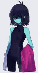 1other antenna_hair black_unitard blue_skin cape colored_skin cropped_legs deltarune expressionless gloves hair_over_one_eye highres holding holding_unworn_cape holding_unworn_clothes kris_(deltarune) partially_shaded_face red_eyes simple_background solo soratake_53 unitard unworn_cape white_gloves