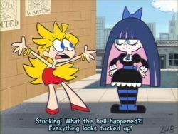 2000s_(style) 2girls arms_up black_dress blonde_hair blue_eyes blue_sky blunt_bangs bow bracelet cartoonized closed_mouth cloud colored_inner_hair commentary dress english_commentary english_text eye_contact hair_bow hands_on_own_hips high_heels highres jewelry lolwutburger long_hair looking_at_another multicolored_hair multiple_girls open_mouth outdoors panty_&amp;_stocking_with_garterbelt panty_(psg) profanity red_dress road siblings sisters sky standing stocking_(psg) street subtitled toon_(style) two-tone_hair upa_(style)