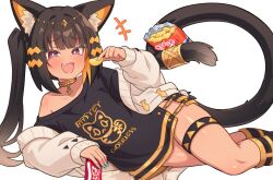+++ 1girl :3 :d animal_ear_fluff animal_ears bastet_(mythology) black_hair black_shirt blonde_hair blue_nails blunt_bangs blush brown_hair can cardigan cat_ears cat_girl cat_tail chips_(food) clothes_writing collarbone dark-skinned_female dark_skin egyptian_mythology fang food hair_ornament holding holding_food jacket long_hair long_sleeves looking_at_viewer lying multicolored_hair nail_polish off_shoulder on_side open_cardigan open_clothes open_mouth original potato_chips prehensile_tail puffy_long_sleeves puffy_sleeves purple_eyes shirt simple_background single_bare_shoulder sleeves_past_wrists smile socks solo striped_clothes striped_socks tail tail_ornament thigh_strap twintails two-tone_hair ug_(nekonekodou) white_background white_cardigan
