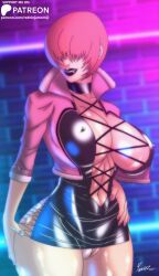 Rule 34 | 1girl, ass, breasts, cameltoe, cleavage cutout, clothes lift, clothing cutout, curvy, dress, fat mons, female focus, fishnets, glowing, grabbing own ass, hand on own ass, hand on own hip, highres, huge ass, huge breasts, jacket, large breasts, long hair, neon lights, nipples, no bra, pale skin, panties, pussy, red hair, shermie (kof), shiny clothes, shiny skin, skirt, skirt lift, smile, smiley face, the king of fighters, thick lips, thick thighs, thighs, tight clothes, underwear, wide hips, ybanez rodrigo