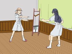 2girls 524ryo alt_text blue_dress blue_hair blue_ribbon box cardboard_box clenched_hand commentary commentary_request curtains dress english_commentary faceless faceless_female full-length_mirror hair_ornament hair_ribbon half_updo highres hinoshita_kaho indoors link!_like!_love_live! long_hair love_live! medium_dress medium_hair meme mirror mixed-language_commentary multiple_girls murano_sayaka orange_hair pleated_dress pointing pointing_at_another pointing_spider-man_(meme) puffy_short_sleeves puffy_sleeves rabbit_hair_ornament red_ribbon red_shoes ribbon shoes short_sleeves socks standing two_side_up uwabaki virtual_youtuber white_socks