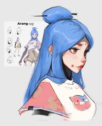 1girl animal_print blue_hair brown_eyes brown_sleeves cat_print facepaint hair_bun hair_ornament highres long_hair original pink_sleeves reference_inset sam_yang shirt shorts solo two-tone_shirt upper_body white_shirt