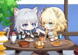 2girls absurdres aglaea_(honkai:_star_rail) animal_ear_fluff animal_ears armor blonde_hair blue_eyes bracelet braid cat_ears cat_girl cat_tail cavcaz chibi chibi_only cipher_(honkai:_star_rail) crumbs cup dress eating fish food food_on_face fork green_eyes grey_hair highres holding holding_fork holding_knife holding_napkin honkai:_star_rail honkai_(series) jewelry knife laurel_crown looking_at_another medium_hair multiple_girls napkin notice_lines open_mouth pitcher_(container) shoulder_armor sitting table tail tree white_dress
