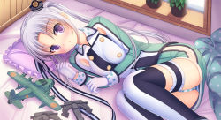 10s 1girl :o akitsushima_(kancolle) anklet bad_id bad_pixiv_id bed_sheet black_thighhighs blush buttons collar female_focus flower_pot frills gloves green_skirt hat highres indoors jewelry kantai_collection long_hair looking_at_viewer lying mini_hat miniskirt multicolored_legwear on_bed on_side panties pantyshot parted_lips pillow polka_dot propeller purple_eyes shiny_skin silver_hair skirt sleeves_rolled_up solo striped_clothes striped_panties thigh_strap thighhighs toy_airplane twintails umitonakai underwear uniform very_long_hair white_gloves white_thighhighs window