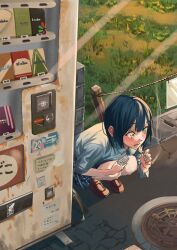 1girl bag black_hair blue_skirt blush bob_cut brown_shoes cigarette cigarette_pack commentary crack cracked_floor dress_shirt fence from_above garapii grass hair_between_eyes hair_strand highres holding holding_cigarette holding_cigarette_pack light_rays loafers looking_ahead manhole_cover original outdoors parted_lips partially_translated plaid_clothes plaid_skirt raised_eyebrows rope rust school_bag shirt shoes short_hair sign skirt smoke smoking solo squatting storm_drain sunbeam sunlight sunset surprised sweatdrop translation_request vending_machine white_shirt wide-eyed yellow_eyes
