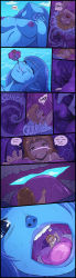 ! 2girls absurdres anko_(karbo) blonde_hair blue_hair blue_skin breasts cleavage colored_skin comic closed_eyes felarya giant giantess highres inside_creature karbo multiple_girls nipples open_mouth pointy_ears shirt short_hair swallowing tank_top teeth throat_bulge tongue tongue_out uvula vore water wet white_shirt