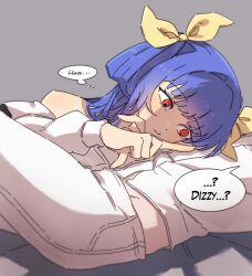 1boy 1girl absurdres blue_hair dizzy_(guilty_gear) guilty_gear highres ky_gwangin ky_kiske lying on_back red_eyes speech_bubble
