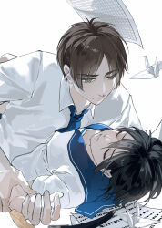 Rule 34 | 1boy, 1girl, absurdres, alternate universe, black hair, blue necktie, blue sailor collar, brown hair, closed eyes, couple, eren yeager, falling paper, green eyes, hair between eyes, hetero, highres, holding another&#039;s wrist, looking at another, mikasa ackerman, necktie, origami, paper crane, parted bangs, parted lips, sailor collar, school uniform, shingeki no kyojin, shirt, short hair, white shirt, zhuse fuxianqing