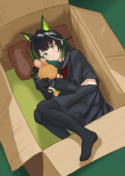 Rule 34 | 1girl, absurdres, ahoge, alternate costume, arknights, black gloves, black hair, black pantyhose, black sailor collar, black serafuku, black shirt, bow, bowtie, box, cardboard box, chinese commentary, closed mouth, commentary request, full body, gloves, green eyes, green hair, head on pillow, highres, holding, holding stuffed toy, huge ahoge, in box, in container, long sleeves, looking at viewer, lying, medium hair, mon3tr (arknights), no shoes, on side, pantyhose, pillow, red bow, red bowtie, sailor collar, school uniform, serafuku, shirt, smile, solo, stuffed animal, stuffed toy, yunku099