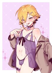 1boy babydoll black_choker black_ribbon blazer blonde_hair blush border brown_jacket bulge choker collarbone cowboy_shot cr-r crossdressing crossdressing_(mtf) cupless_babydoll frilled_thigh_strap green_eyes hair_between_eyes hair_ornament hairclip heart heart_choker heart_pendant highres jacket lingerie looking_at_viewer male_focus navel nijisanji nipples o-ring o-ring_choker off_shoulder open_clothes open_jacket open_mouth outside_border panties purple_babydoll purple_background purple_panties ribbon short_hair smile solo sparkle standing stomach string_panties sweat thigh_strap underwear uzuki_kou virtual_youtuber white_border