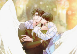 Rule 34 | 2boys, arm around neck, black coat, black hair, black necktie, blurry, blurry background, coat, collared shirt, crossed arms, curtained hair, expressionless, feathered wings, grabbing another&#039;s chin, half-closed eye, hand on another&#039;s chin, hand on another&#039;s face, hand on another&#039;s shoulder, highres, hug, hug from behind, imminent kiss, implied yaoi, kim dokja, lens flare, light particles, looking at another, multiple boys, necktie, omniscient reader&#039;s viewpoint, raya (000 unseen), shirt, short hair, side-eyed, white coat, white shirt, white wings, wings, yoo joonghyuk
