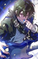 1boy absurdres black_hair black_jacket black_nails black_scarf brown_hair bungou_stray_dogs chinese_commentary dazai_osamu_(bungou_stray_dogs) dog_tags electric_guitar glint guitar hair_between_eyes highres holding holding_guitar holding_instrument holding_plectrum instrument jacket jewelry long_sleeves looking_at_viewer male_focus music nail_polish necklace open_clothes open_jacket parted_lips playing_guitar playing_instrument plectrum red_eyes sakura-zero scarf shirt short_hair smile solo sweat torn_clothes twitter_username upper_body white_shirt