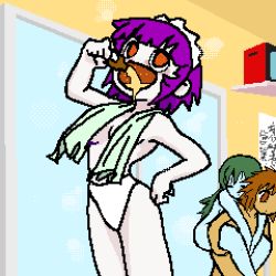 3girls aliasing blue_skin brown_hair carrying colored_skin dark-skinned_female dark_skin dorei drugs futaba_channel green_hair indoors ipod_nano_wallpaper long_hair lowres multiple_girls nijiura_maids nude panties purple_hair shitai umisensha underwear white_panties yakui