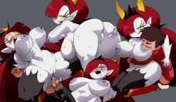 Rule 34 | 1boy, 1girl, absurdres, after vaginal, aftersex, anus, ass, blush, breast sucking, breasts, brown hair, cum, cum in pussy, erection, from behind, grabbing own ass, grey background, hekapoo, hetero, highres, inker comics, jacket, large areolae, large breasts, long hair, marco diaz, mole, mole under eye, navel, penis, pointy ears, puffy nipples, pussy, red hair, red jacket, sex, simple background, star vs the forces of evil, sweat, thick thighs, thighhighs, thighs, vaginal, wide hips