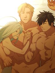 1girl 2boys abs ao_isami bara bisexual_male black_hair blonde_hair boy_and_girl_sandwich facial_hair from_above highres holding_hands lewis_smith lulu_(bang_bravern) multiple_boys muscular muscular_male navel nude official_alternate_hairstyle sandwiched shaved_body sideburns_stubble sleeping stomach stubble sunlight thick_eyebrows upper_body wanijima yuuki_bakuhatsu_bang_bravern