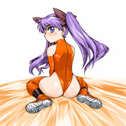 00s 1girl ass blush boots bow elbow_gloves ez6 female_focus from_behind gloves hair_bow highres hiiragi_kagami latex leotard long_hair looking_back lucky_star orange_gloves orange_thighhighs purple_eyes purple_hair simple_background sitting solo thigh_boots thighhighs thong_leotard twintails wariza