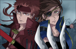 00s 2boys bad_id bad_pixiv_id brown_hair date_masamune_(sengoku_basara) eyepatch gradient_background headband konno_karin male_focus mitaka multiple_boys red_hair sanada_yukimura_(sengoku_basara) sengoku_basara upper_body weapon