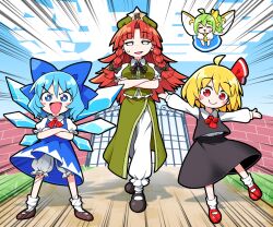 4girls arms_under_breasts ascot beret black_shoes black_skirt black_vest blonde_hair bloomers blue_bow blue_dress blue_eyes blue_hair blue_sky blush_stickers bow braid breasts brown_shoes cirno closed_eyes closed_mouth collared_shirt commentary_request crossed_arms daiyousei day detached_wings dress fairy fairy_wings flying gate green_hair green_hat green_vest hair_bow hair_ribbon hat hat_ornament highres hong_meiling ice ice_wings long_hair long_sleeves looking_at_viewer multiple_girls open_mouth outdoors outstretched_arms pants pinafore_dress puffy_short_sleeves puffy_sleeves red_ascot red_eyes red_hair red_ribbon red_shoes ribbon rumia shadow shirt shoes short_sleeves side_ponytail side_slit skirt skirt_set sky sleeveless sleeveless_dress smile socks solidus_(sword_cube) spread_arms star_(symbol) star_hat_ornament sweatdrop touhou translation_request twin_braids underwear very_long_hair vest white_bloomers white_pants white_shirt white_socks wings yellow_ascot