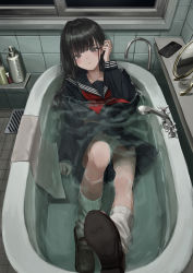 Rule 34 | 1girl, absurdres, bare legs, black hair, black sailor collar, black serafuku, black shirt, black skirt, blunt bangs, blush, closed mouth, clothed bath, commentary, dot nose, english commentary, gishiki (gshk), hand up, head tilt, highres, loafers, long hair, long sleeves, looking at viewer, lying, miniskirt, mirror, on back, original, panties, partially submerged, perspective, profanity, red serafuku, sailor collar, school uniform, serafuku, shampoo bottle, shirt, shoes, skirt, socks, solo, tsurime, tucking hair, underwear, upskirt, wet, wet clothes, white panties, white socks, yellow eyes