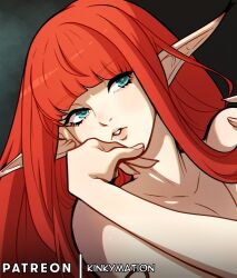 1girl artist_name blue_eyes blunt_bangs collarbone commentary english_commentary fingernails head_tilt heart heart-shaped_pupils highres hime_cut hulkenberg_(metaphor:_refantazio) kinkymation lips long_hair looking_at_viewer metaphor:_refantazio nude parted_lips patreon_logo pink_lips pointy_ears red_hair solo symbol-shaped_pupils very_long_hair