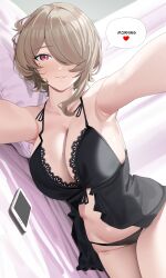 1girl absurdres alternate_costume babydoll black_babydoll black_panties breasts brown_hair cellphone commentary english_commentary haerge hair_over_one_eye heart highres honkai_(series) honkai_impact_3rd lace-trimmed_babydoll lace_trim lingerie looking_at_viewer lying mole mole_under_eye on_side outstretched_arms panties phone pov rita_rossweisse short_hair sleepwear smartphone solo spoken_heart underwear