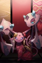 absurdres blue_eyes bright_pupils clothed_pokemon colored_sclera commentary_request espeon espeon_(pokebuki) froslass gen_2_pokemon gen_4_pokemon highres japanese_clothes jewelry kimono nintendo no_humans pokemon pokemon_(creature) pokemon_unite purple_eyes twitter_username watermark white_pupils yellow_sclera yukifuri_tsuyu