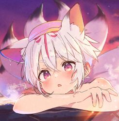1boy animal_ear_fluff animal_ears blush chestnut_mouth cloud cloudy_sky commentary_request dot_nose double-parted_bangs extra_tails far_tarooo hair_between_eyes looking_at_viewer male_focus onsen open_mouth original outdoors pink_eyes shiny_skin short_hair sky solo tail wet wet_hair white_hair