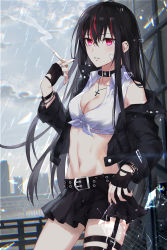 1girl absurdres bare_shoulders belt black_belt black_choker black_gloves black_hair black_jacket black_nails black_skirt breasts choker cigarette cleavage commentary_request commission cowboy_shot crop_top cross cross_necklace devil_heavens fingerless_gloves front-tie_shirt gloves groin hair_between_eyes hand_up highres holding holding_cigarette jacket jewelry long_hair long_sleeves medium_breasts midriff miniskirt multicolored_hair nail_polish navel necklace original outdoors parted_lips pixiv_commission pleated_skirt purple_eyes rain red_hair shirt skirt smoke solo standing stomach streaked_hair thigh_strap thighs very_long_hair white_shirt