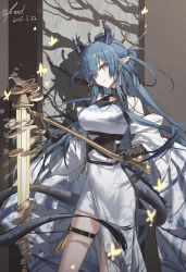 Rule 34 | 1girl, absurdres, arknights, bare shoulders, blue hair, blush, closed mouth, detached sleeves, dragon girl, dragon horns, dragon tail, dress, hair between eyes, hair bun, highres, holding, holding stick, horns, kieed, ling (arknights), long hair, looking at viewer, multicolored eyes, pointy ears, purple eyes, sidelocks, smile, solo, stick, tail, thigh strap, white dress