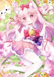 1girl animal_ear_fluff animal_ears azur_lane bell blush bow cat_ears cat_girl cat_tail cherry_blossoms feet flower frilled_kimono frills hair_bow hair_ornament hamiyamiko highres japanese_clothes jingle_bell kimono kisaragi_(azur_lane) kisaragi_(new_year&#039;s_wish)_(azur_lane) long_hair lying miniskirt no_shoes obi on_back open_mouth pantyhose petals pink_eyes pink_hair pink_kimono pink_skirt ribbon sash skirt soles solo tail thighband_pantyhose thighs two_side_up white_pantyhose