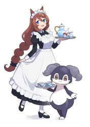 1girl 1other :d absurdres alternate_costume animal_ears apron black_dress black_scrunchie black_shoes blue_eyes brown_hair cup dress enmaided frilled_apron frills gen_8_pokemon hair_between_eyes hair_ornament hair_scrunchie highres holding holding_tray horse_ears horse_girl horse_tail indeedee indeedee_(female) juliet_sleeves long_hair long_sleeves looking_at_viewer maid maid_apron maid_headdress mary_janes nintendo open_mouth pokemon pokemon_(creature) puffy_sleeves saucer scrunchie shoes simple_background smile super_creek_(umamusume) tail teacup teapot tray umamusume very_long_hair waist_apron white_apron white_background yasa_hattori