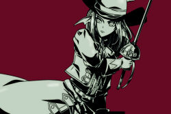 Rule 34 | 1girl, belt, commentary request, dragon quest, dragon quest x, fins, fish girl, gloves, greyscale with colored background, hat, hat feather, head fins, holding, holding sword, holding weapon, jacket, looking to the side, medium hair, ozogori (user tzaz2447), rapier, red background, solo, sword, upper body, weapon, yunati (dq10)