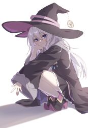 1girl absurdres black_hat black_shoes black_skirt elaina_(majo_no_tabitabi) hand_on_own_cheek hand_on_own_face hat highres long_hair long_sleeves looking_at_viewer luyue majo_no_tabitabi pleated_skirt purple_eyes shoes simple_background skirt solo squatting white_background white_hair wide_sleeves witch witch_hat