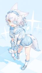 1girl absurdres animal_ear_fluff animal_ears arm_warmers blue_arm_warmers blue_hairband blue_jacket blue_ribbon blue_sailor_collar blue_shoes braid drawn_wings eyepatch fang foreshortening fox_ears fox_girl fox_tail frilled_hairband frilled_sailor_collar frilled_sleeves frilled_socks frills gauze_on_knee hair_ornament hair_ribbon hairband hairclip highres holding holding_stuffed_toy jacket looking_at_viewer miyayoki multicolored_jacket neckerchief one_side_up open_mouth original own_hands_together polka_dot_socks ribbon sailor_collar sakura_soyoru_(miyayoki) shoes short_hair short_sleeves sidelocks socks solo sparkle stuffed_animal stuffed_cat stuffed_toy tail tenshi_kaiwai two-tone_jacket v_arms white_jacket white_neckerchief white_socks wing_hair_ornament yellow_eyes