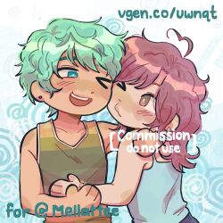 &gt;_&lt; 1boy 1girl 8wnqt ;3 arm_around_neck bead_bracelet beads blue_eyes blue_tank_top blush bracelet brown_eyes brown_hair commission commissioner_insert cove_holden double-parted_bangs earrings green_hair grin hetero highres holding_hands hoop_earrings jewelry leaning_on_person looking_at_another loose_hair_strand main_character_(our_life) one_eye_closed our_life our_life:_beginnings_and_always smile spaghetti_strap sparkling_eyes spiral_background stud_earrings swept_bangs tank_top teeth upper_body upper_teeth_only vgen_commission