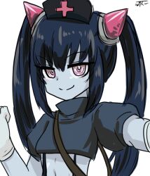 Rule 34 | 1girl, bag, black hair, black shirt, chrome (mon-musu quest!), closed mouth, colored skin, commentary request, crop top, cross, demon girl, gloves, grey skin, hand up, hat, horns, inubashiri isumi, long hair, looking at viewer, mon-musu quest!, nurse cap, outstretched arm, pink eyes, pink horns, puffy short sleeves, puffy sleeves, rubber gloves, shirt, short sleeves, shoulder bag, signature, simple background, smile, solo, suspenders, twintails, upper body, white background