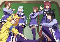 6+girls absurdres animal_ears arm_under_breasts black_hair blacky_ale_(umamusume) blue_hair breasts brown_hair commentary_request dictus_striker_(umamusume) grin highres hood hooded_jacket jacket large_breasts long_hair medium_breasts medium_hair mejiro_ardan_(umamusume) multiple_girls open_mouth partial_commentary pink_hair psd_available reibun_(raven1119) sakura_chiyono_o_(umamusume) school_uniform sitting smile super_creek_(umamusume) thighhighs tracen_school_uniform umamusume umamusume:_cinderella_gray waving yaeno_muteki_(umamusume)