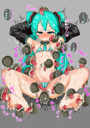 1girl absurdres aqua_bikini aqua_eyes aqua_hair arms_tied_above_head aroused barefoot bikini blush closed_mouth cunnilingus cunnilingus_through_clothes disgust drooling flat_chest hatsune_miku highres licking licking_armpit licking_foot licking_leg licking_lips licking_nipple long_hair micro_bikini monster navel nipple_stimulation oral pussy_juice saliva sitting solo striped_bikini striped_clothes swimsuit tongue tongue_bath tongue_out twintails vocaloid yamaken_(saigusa54)
