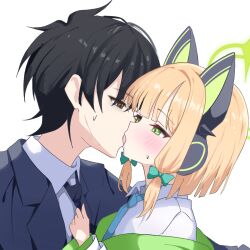 1boy 1girl animal_ear_headphones animal_ears black_hair black_jacket black_necktie blonde_hair blue_archive blue_necktie blunt_ends blush bow brown_eyes cardcat_00 cat_ear_headphones cat_ears clothes_grab collared_shirt commentary eye_contact fake_animal_ears formal_clothes french_kiss green_bow green_eyes green_halo green_jacket hair_bow halo headphones hetero highres jacket kiss korean_commentary long_sleeves looking_at_another low-tied_sidelocks midori_(blue_archive) necktie necktie_grab neckwear_grab off_shoulder open_clothes open_jacket profile saliva school_uniform sensei_(blue_archive) shirt short_hair sidelocks simple_background suit sweatdrop tongue upper_body white_background white_shirt
